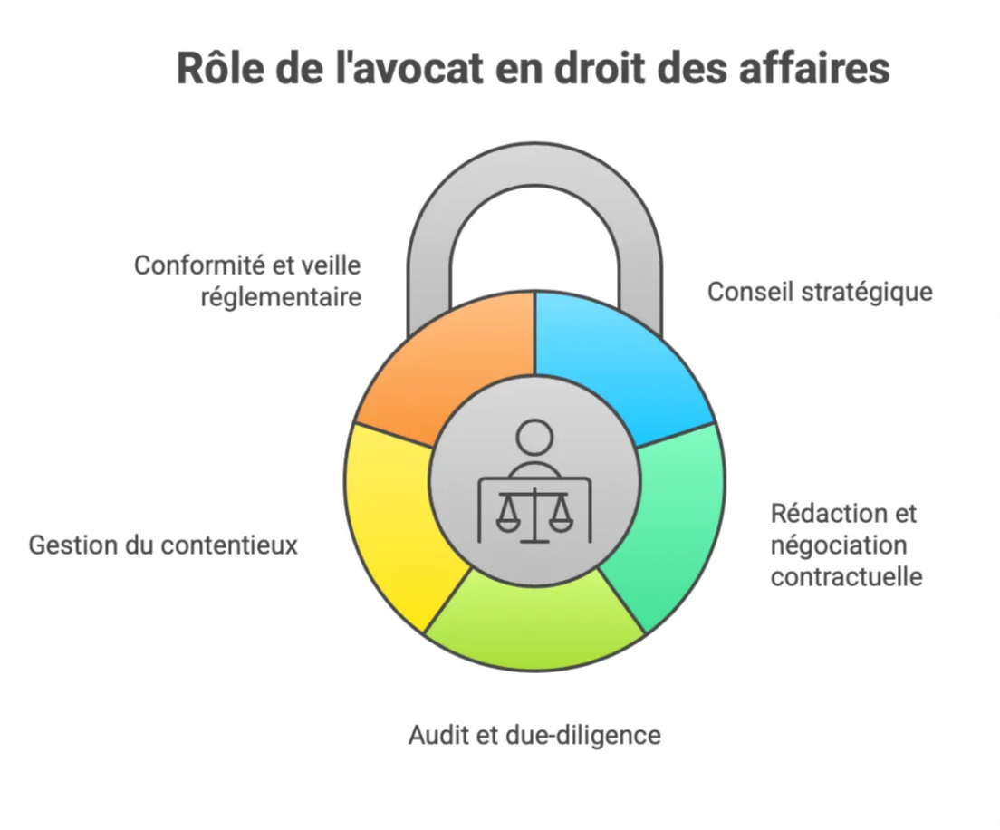 schéma présentant le rôle d'un avocat en droit des affaires